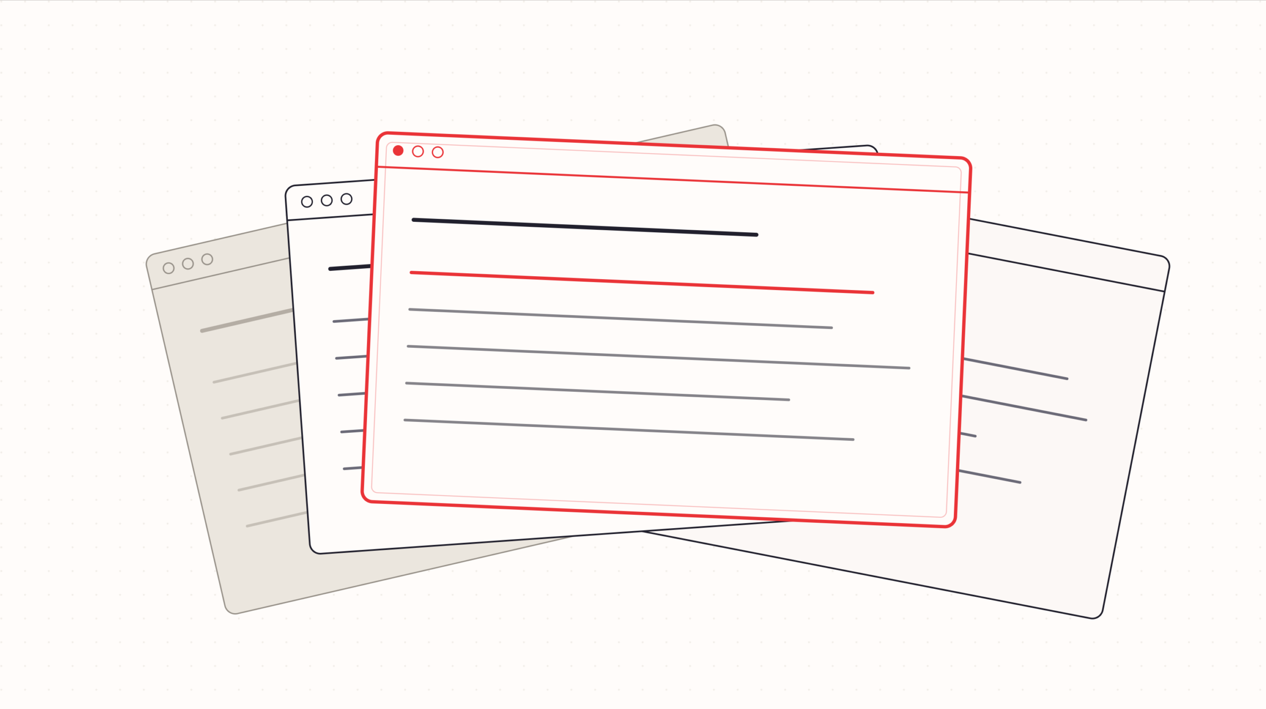 Three overlapping illustrated browser windows on a cream background. The center window is outlined in red, suggesting it is the active or instrumented one. The two background windows are quiet, in gray and off-white.