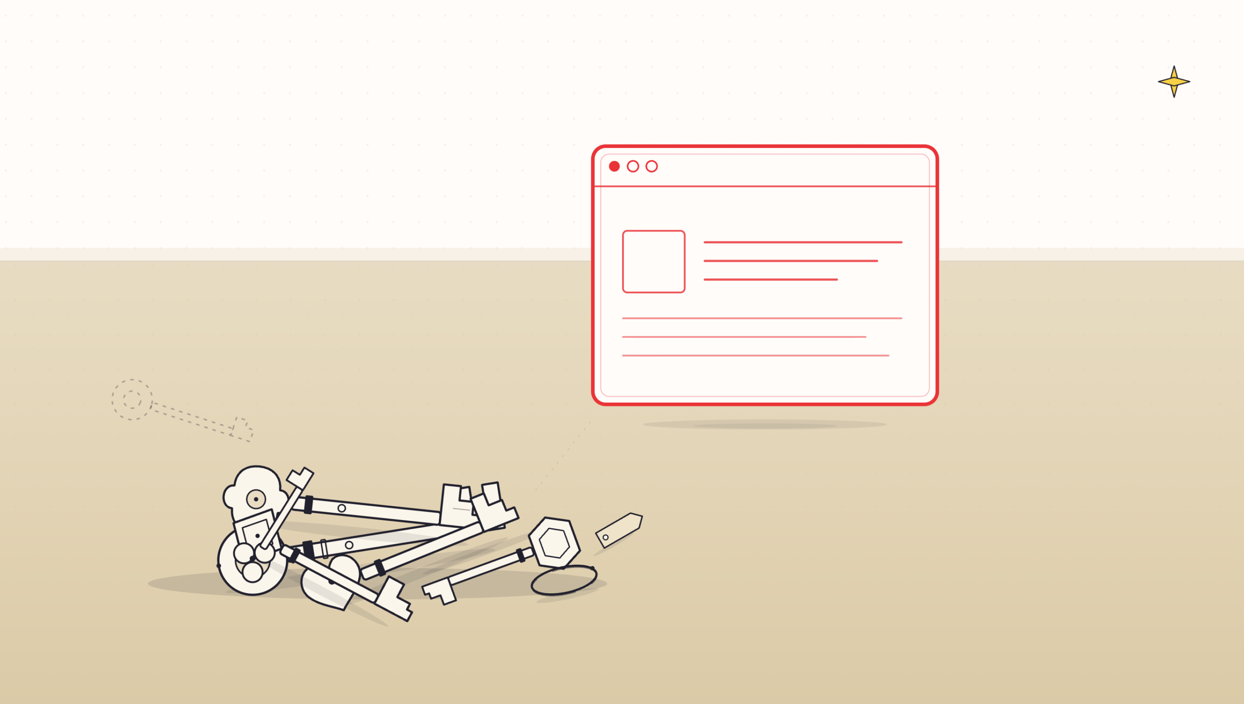 a pile of ornate antique keys on a tan desk surface beside a small modern browser window outlined in red.